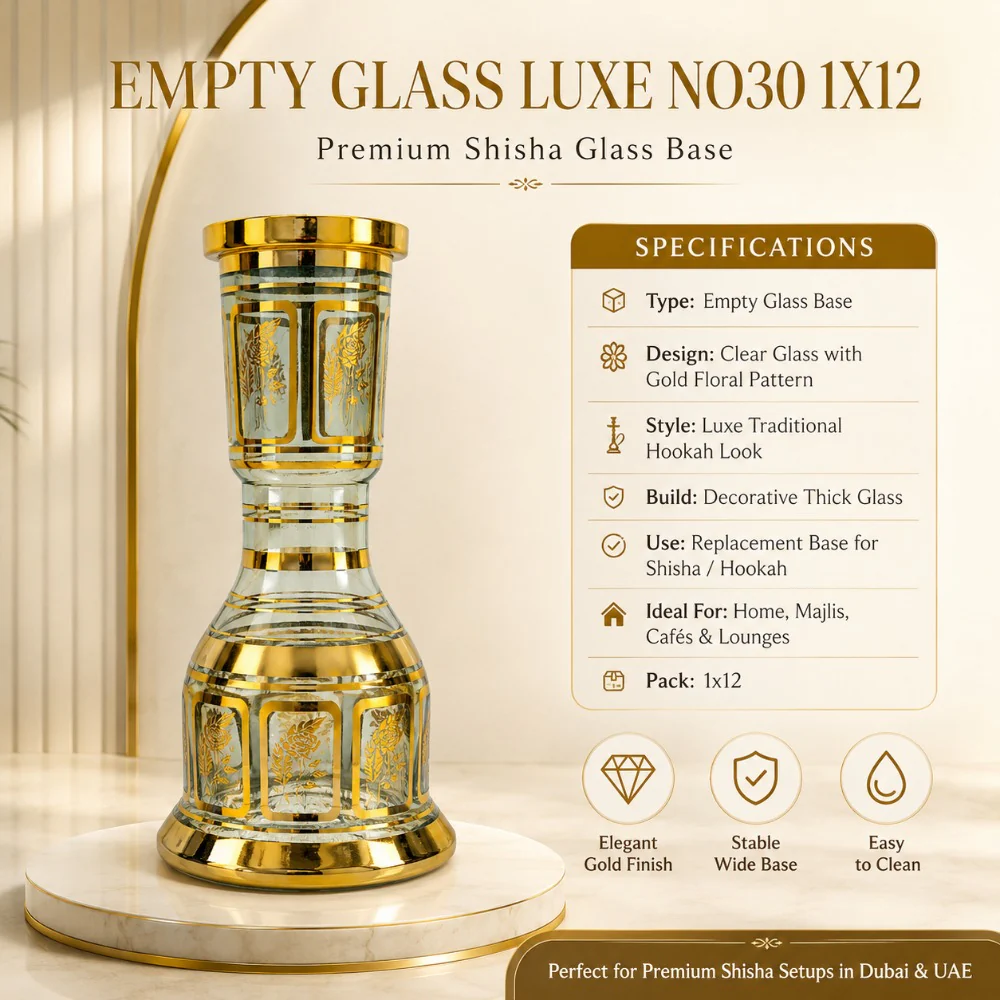 EMPTY GLASS LUXE NO30 – Premium Gold Decorative Shisha Glass Base