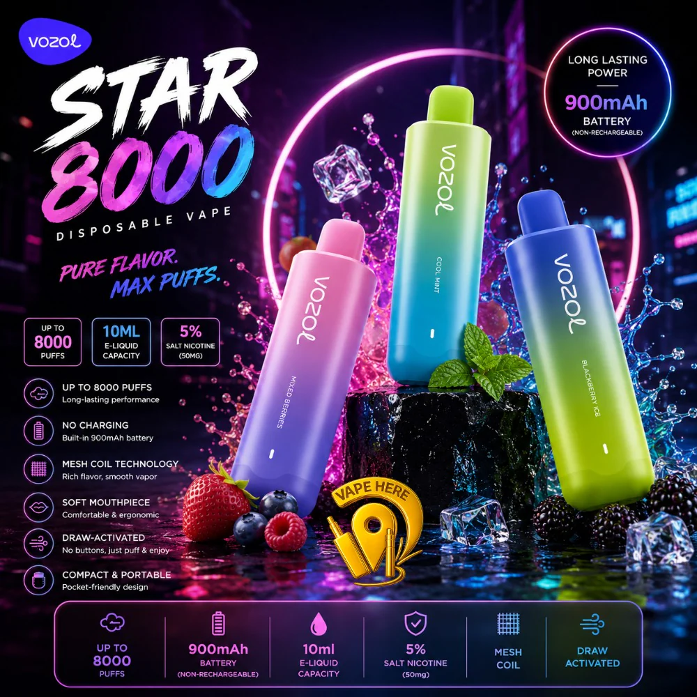 Vozol Star 8000 Puffs 50mg Disposable Vape – Non-Rechargeable - Image 3